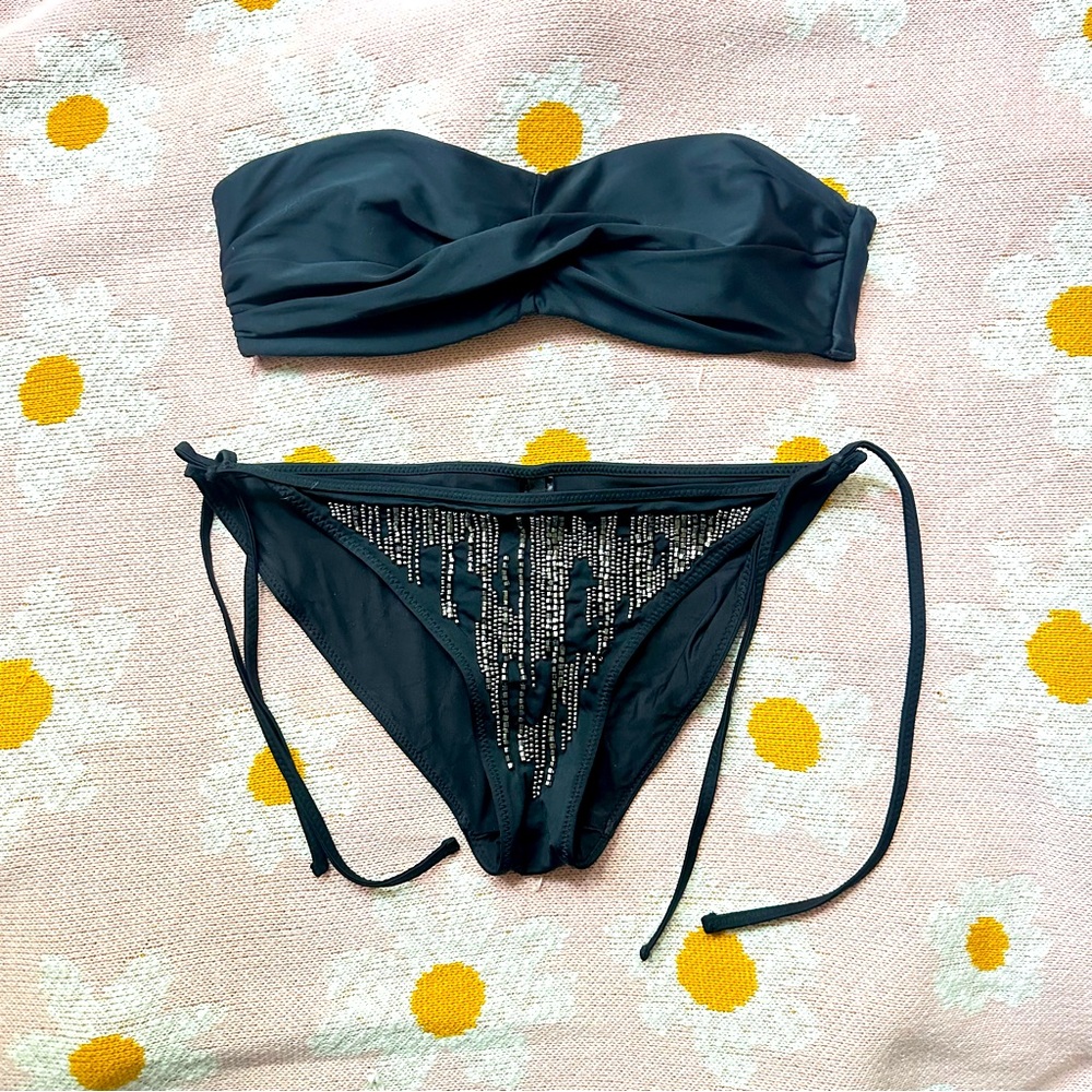 All Saints Black Bandeau bathing suit with embellished side tie bikini b…